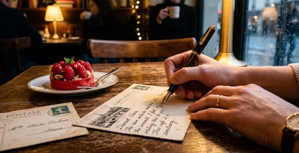 writing a postcard on a rainy day