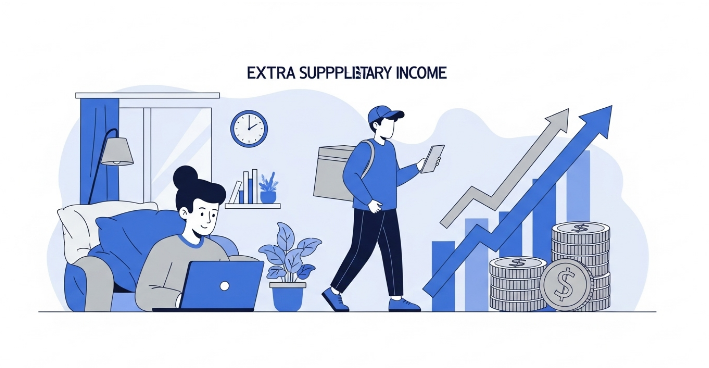 재택근무, 배달 부업 등 추가 소득을 창출하는 다양한 방법을 나타내는 이미지. 본업 외 수입 증대 노력을 상징한다.