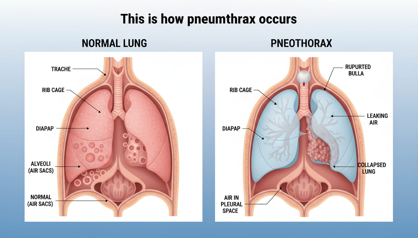 기흉 발생 원리를 보여주는 의료 일러스트로, 불싱이 터져 공기가 흉강으로 새면서 폐가 눌려 쪼그라드는 과정을 설명하는 이미지