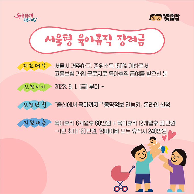 2023 9월 육아휴직 장려금 최대 240만원 지원 신청방법