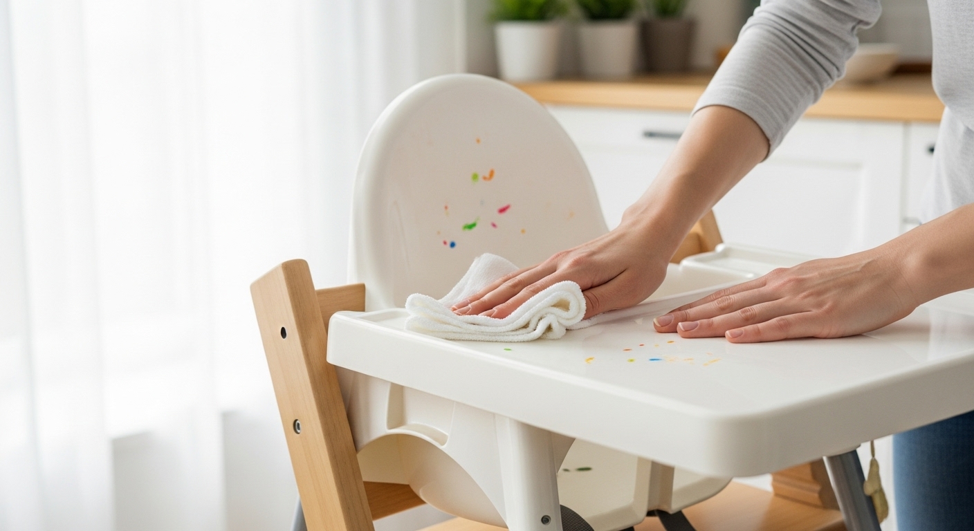 부모가 아기 의자를 깨끗한 천으로 닦고 있는 모습. 가정 내 세균 차단을 위한 청결 루틴을 실천하며 아기의 건강을 지키는 중요한 습관을 나타냅니다.