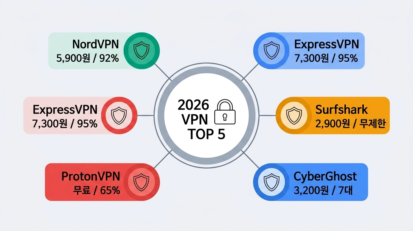 2026년 VPN 추천 TOP 5 비교 인포그래픽 속도 보안 가격 한눈에 보기