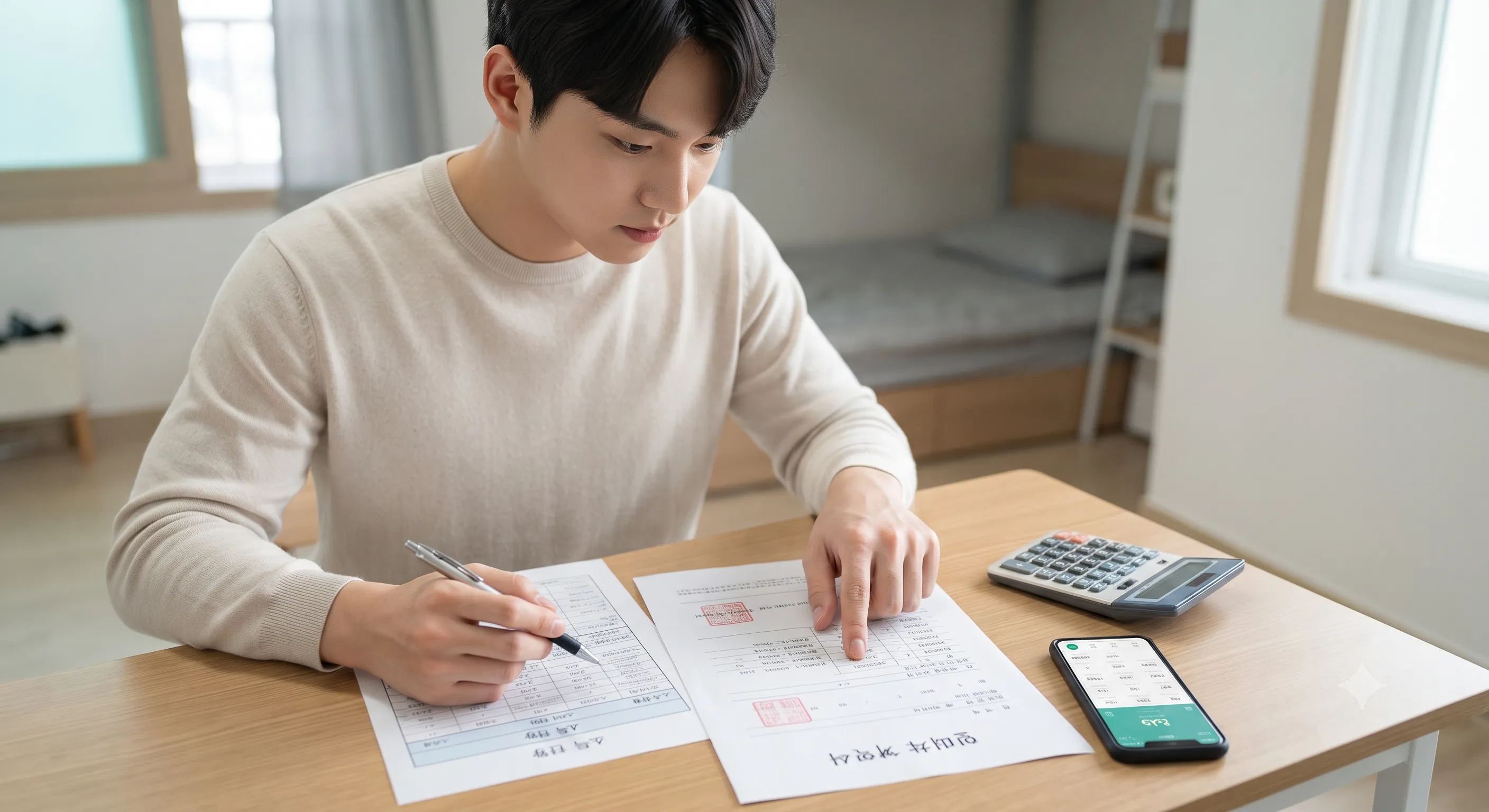 방 안 책상에서 계산기와 스마트폰을 곁들인 채 임대차 계약서 서류를 꼼꼼히 확인하고 서명하는 남성