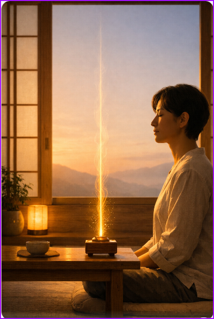회향의 가르침에 따라 산만하게 흩날리던 감각과 소음을 지우고 가슴 한가운데에 고결하게 곧은 정성의 기둥(향연비불산)을 세우는 명상적 자태