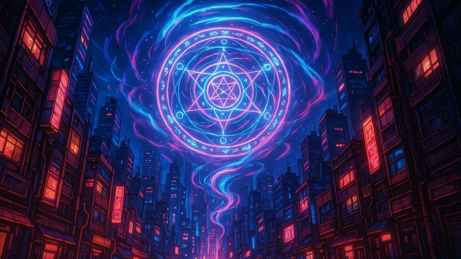 네온사인이 번쩍이는 사이버펑크 도시와 마법진이 공존하는 퓨전펑크 세계관을 보여주는 미래적 일러스트