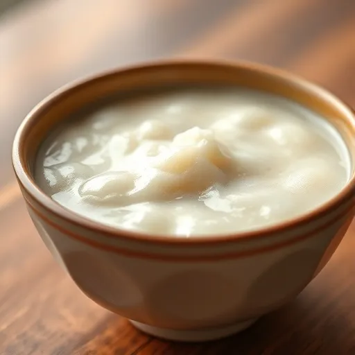 흰쌀죽과 비슷하지만, 찹쌀 특유의 쫀득하고 윤기 있는 질감이 느껴지도록 표현된 죽 그릇입니다. 따뜻하고 부드러운 분위기를 유지합니다.