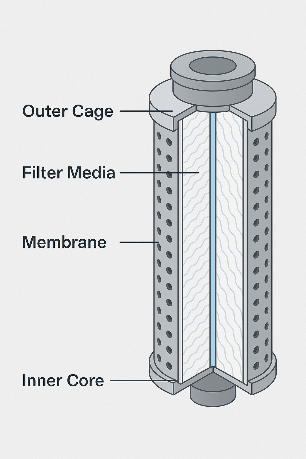 Cartridge filter cross-section showing flow direction
