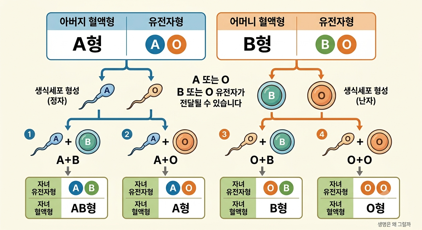 아버지 유전자형 AO, 어머니 유전자형 BO를 예시로, 각 생식세포에서 A·B·O가 전달되는 경우와 자녀 조합(AB/A/B/O형)을 보여주는 유전 인포그래픽