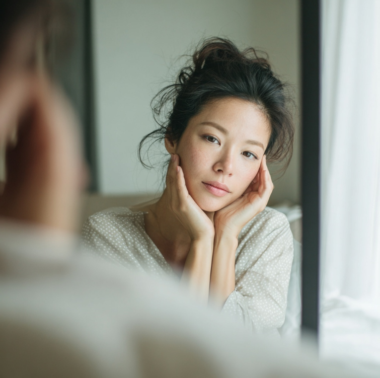 부은 얼굴을 거울에 확인하는 여성