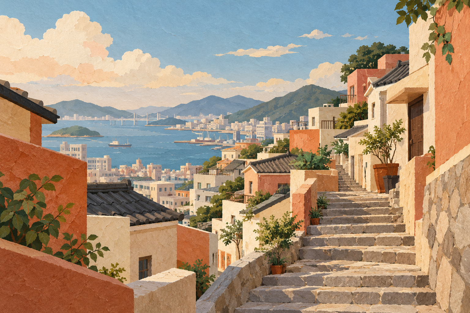 A paper-and-gouache illustration of stone steps between terracotta and cream hillside buildings, with tiled roofs, leafy pots and a distant blue harbour.