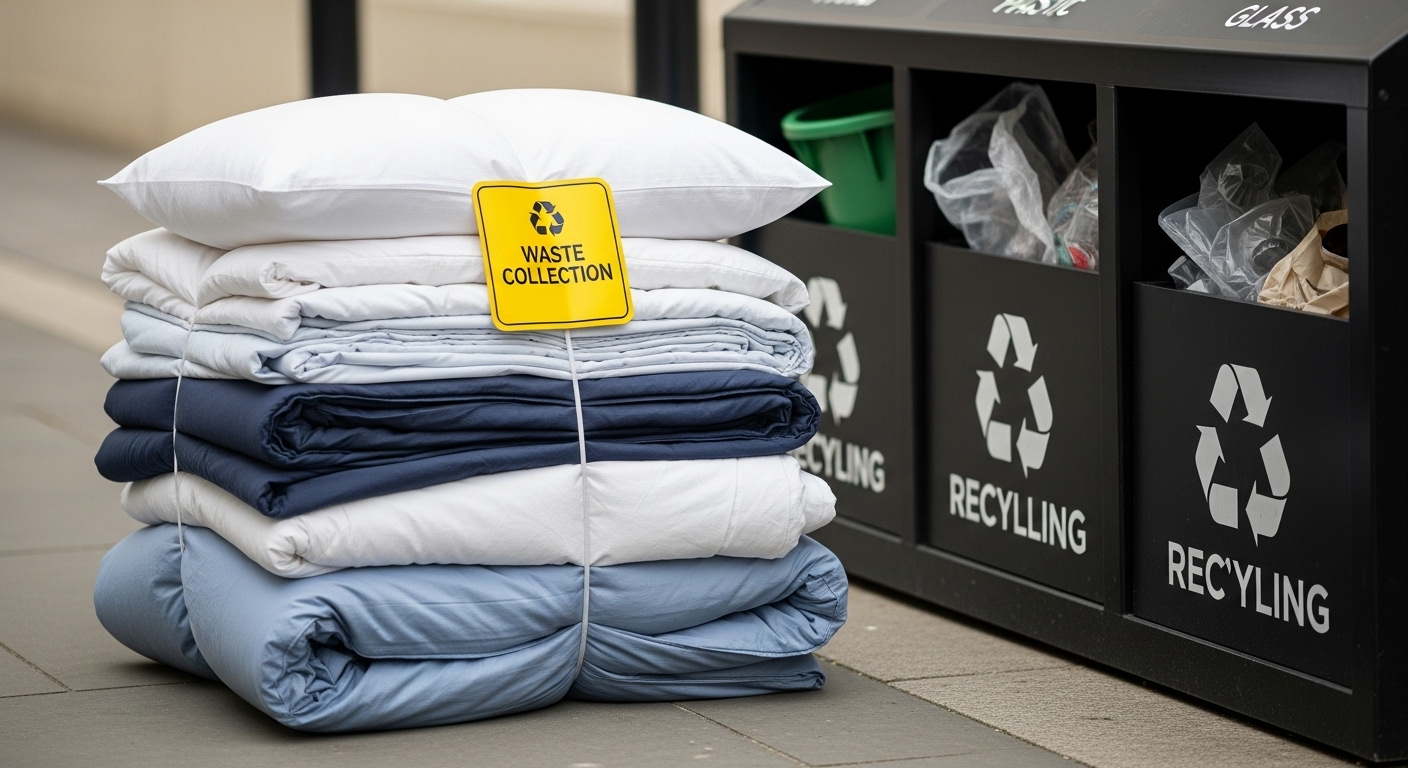 깔끔하게 폐기물 스티커가 붙여져 지정된 장소에 놓인 이불 묶음.