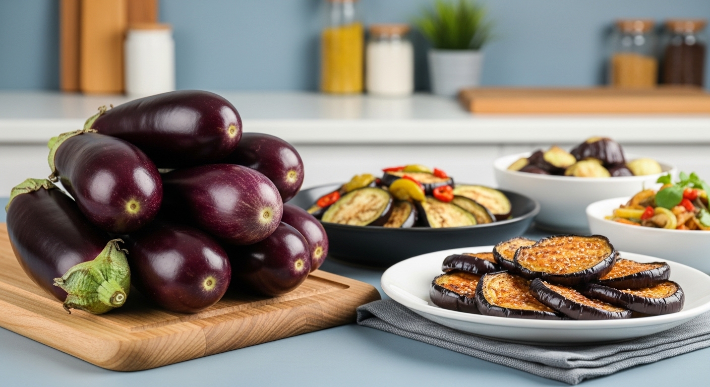 가지와 가지로 만든 요리가 놓여있는 모습