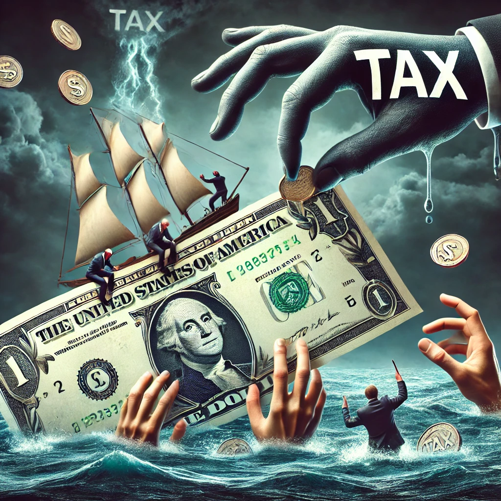 가라앉는 거대한 달러 지폐가 배처럼 표현되었고, 사람들이 동전을 던지며 떠 있으려 하지만 'TAX'라고 적힌 유령 같은 손들이 돈을 끌어가는 모습이다.