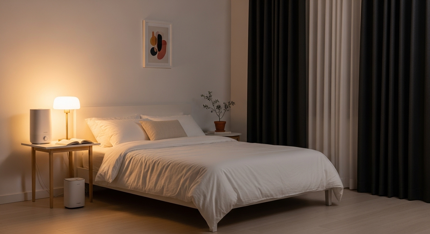 암막 커튼, 가습기, 백색소음기가 잘 갖춰진 아늑하고 차분한 침실 환경