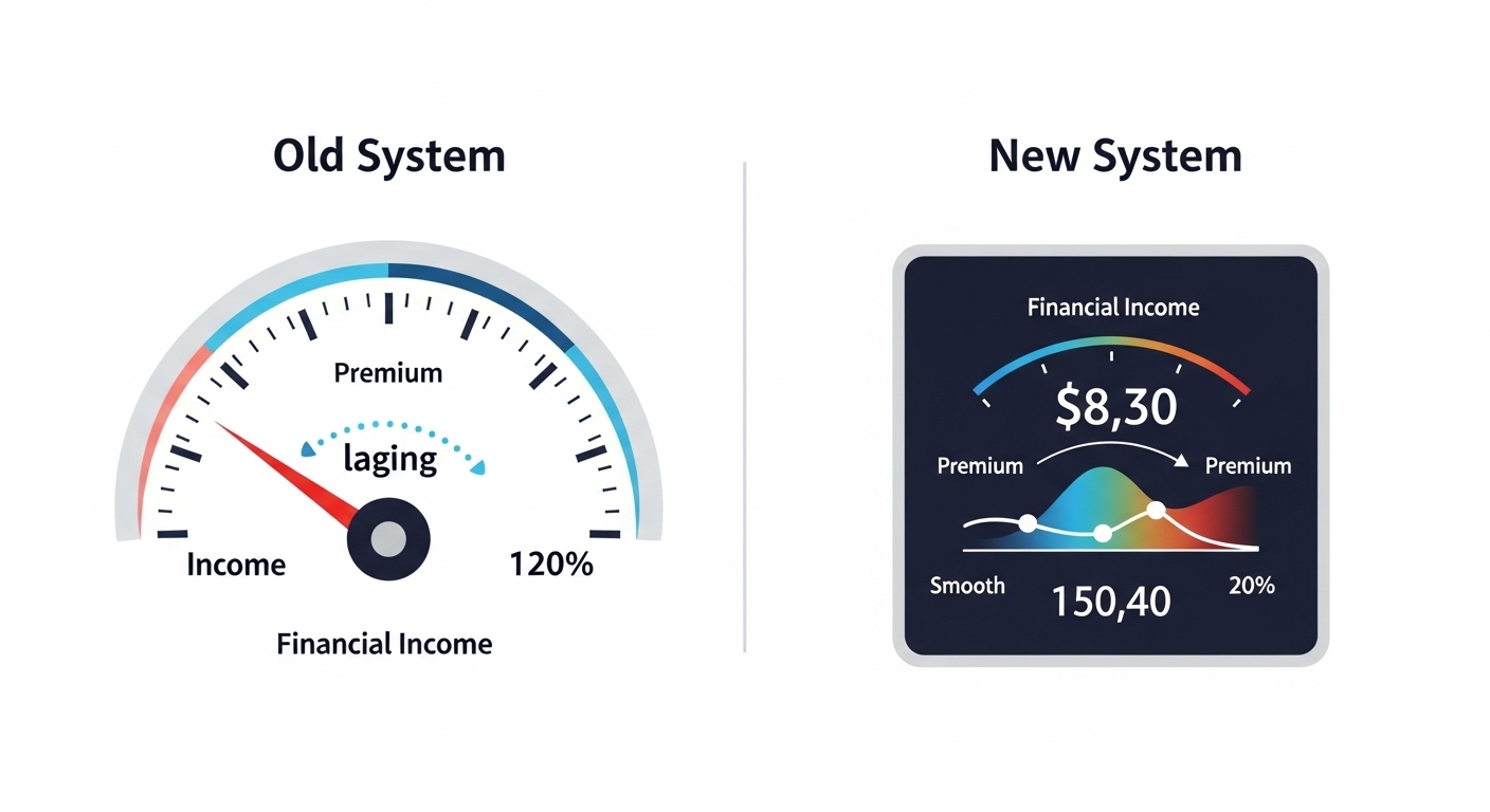 구 제도와 신 제도의 건강보험료 산정 방식 비교 인포그래픽, 금융소득 감소 시 즉시 반영되는 새로운 제도를 보여줌.