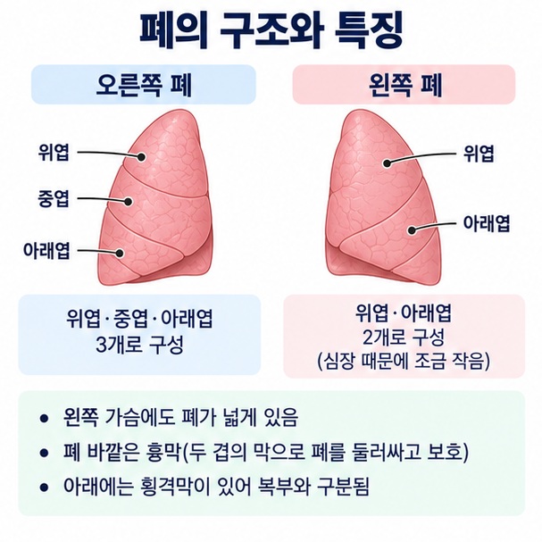 오른쪽 폐 3개 엽과 왼쪽 폐 2개 엽 및 심장 위치 때문에 생기는 구조 차이를 보여주는 이미지