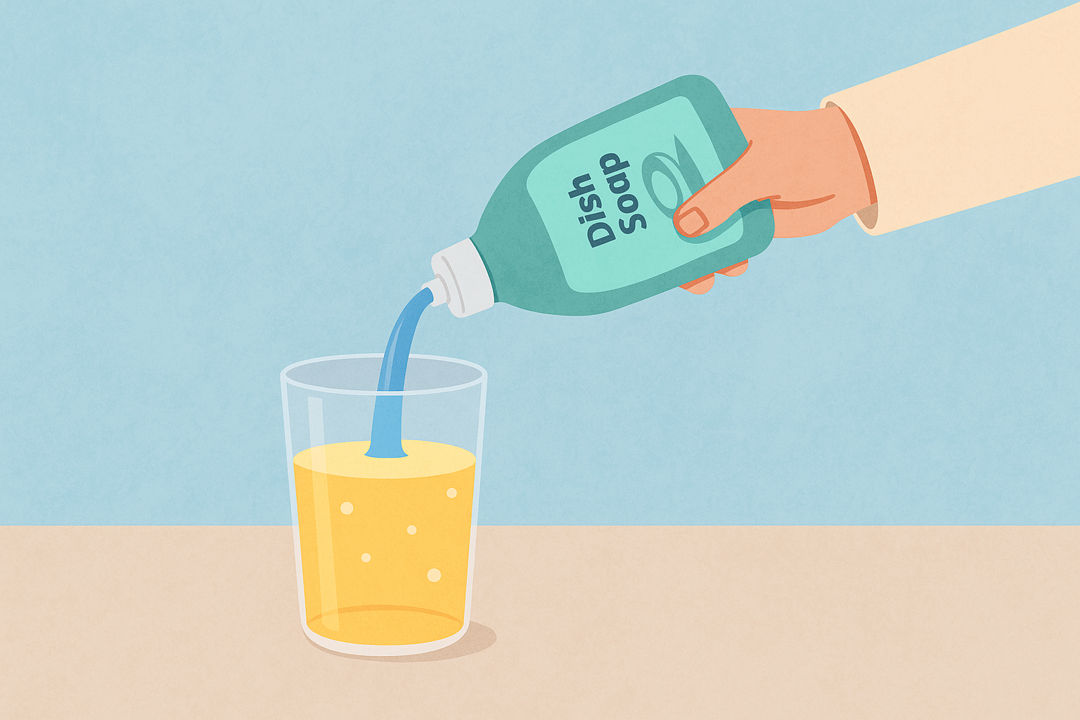 식초와 주방세제를 컵에 섞어 모기 트랩을 만드는 장면 &ndash; 여름철 친환경 벌레 차단법 일러스트