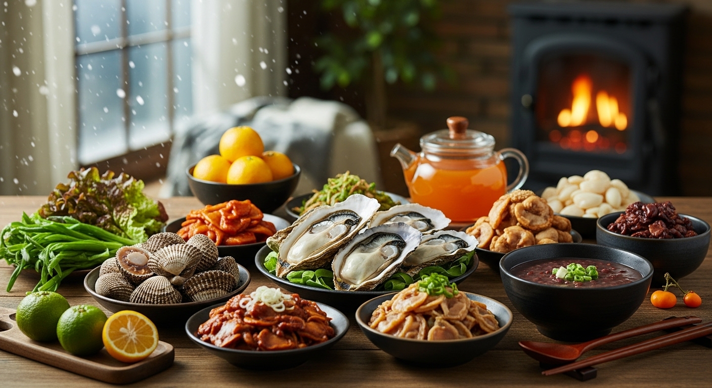 대설에 어울리는 따뜻한 실내 풍경과 굴, 과메기, 유자차 등 건강한 겨울 제철 음식들이 풍성하게 차려진 상차림.