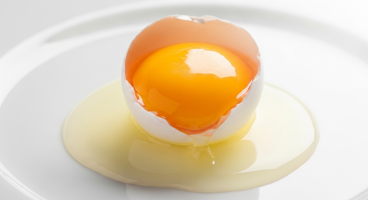 흰자가 탄탄하고 노른자가 봉긋하게 살아있는 신선한 계란이 접시에 깨져있는 모습.