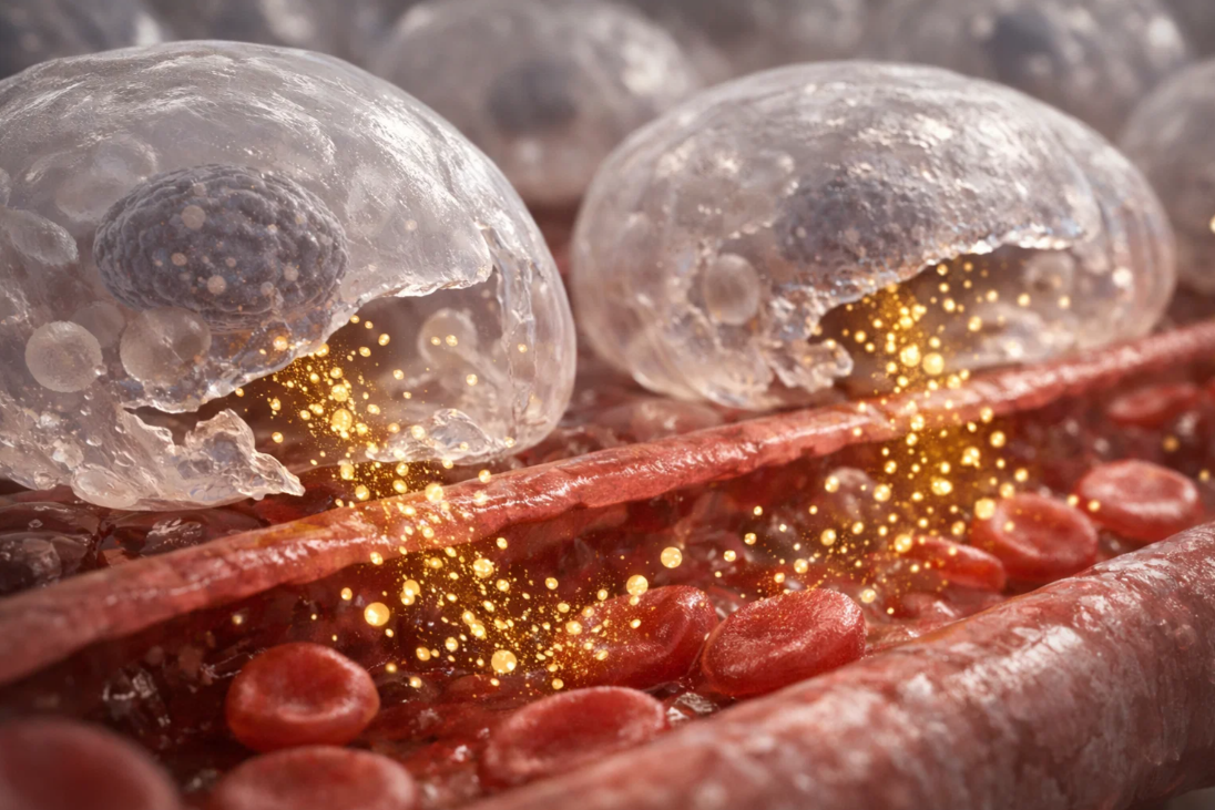 손상된 간세포에서 효소가 혈관으로 누출되는 과정을 표현한 의료 일러스트