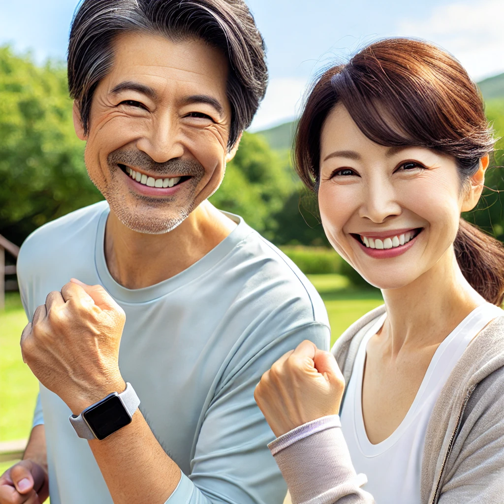 중년 남성과 여성이 건강하게 웃으며 함께 운동하는 모습