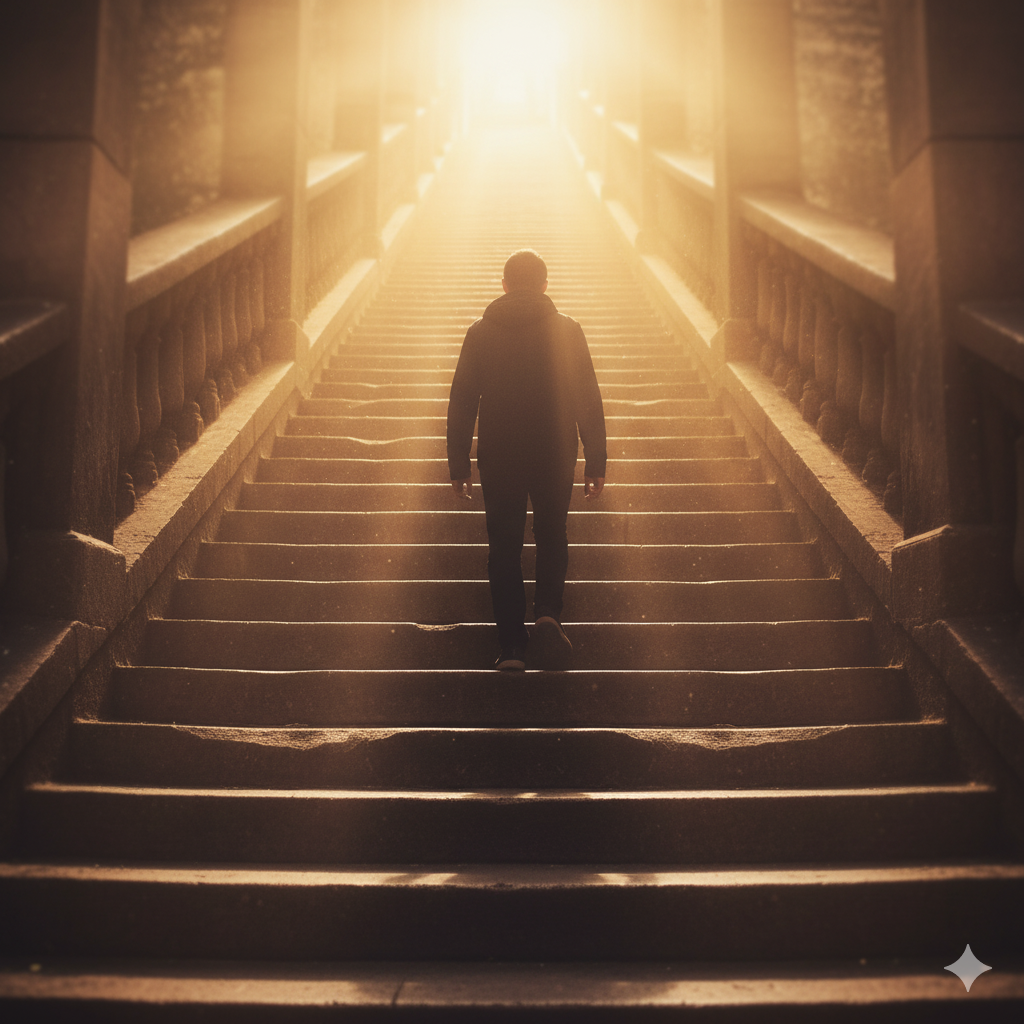 계단 위 햇살을 향해 첫걸음을 내딛으려는 뒷모습