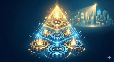 피라미드 구조나 톱니바퀴 그래픽을 활용하여 '미션(Mission)-비전(Vision)-목표(Goal)'가 서로 맞물려 돌아가는 인포그래픽. 각 단계가 상승하며 빛나는 효과를 주어 기업의 성장을 시각화한 이미지