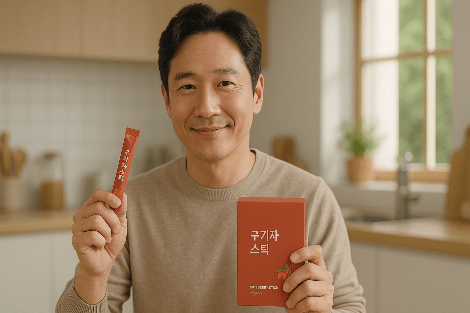 주방 배경에서 남성이 &lsquo;구기자 스틱&rsquo; 제품 박스와 스틱 개별 포장을 함께 들고 미소 짓는 건강식품 라이프스타일 이미지