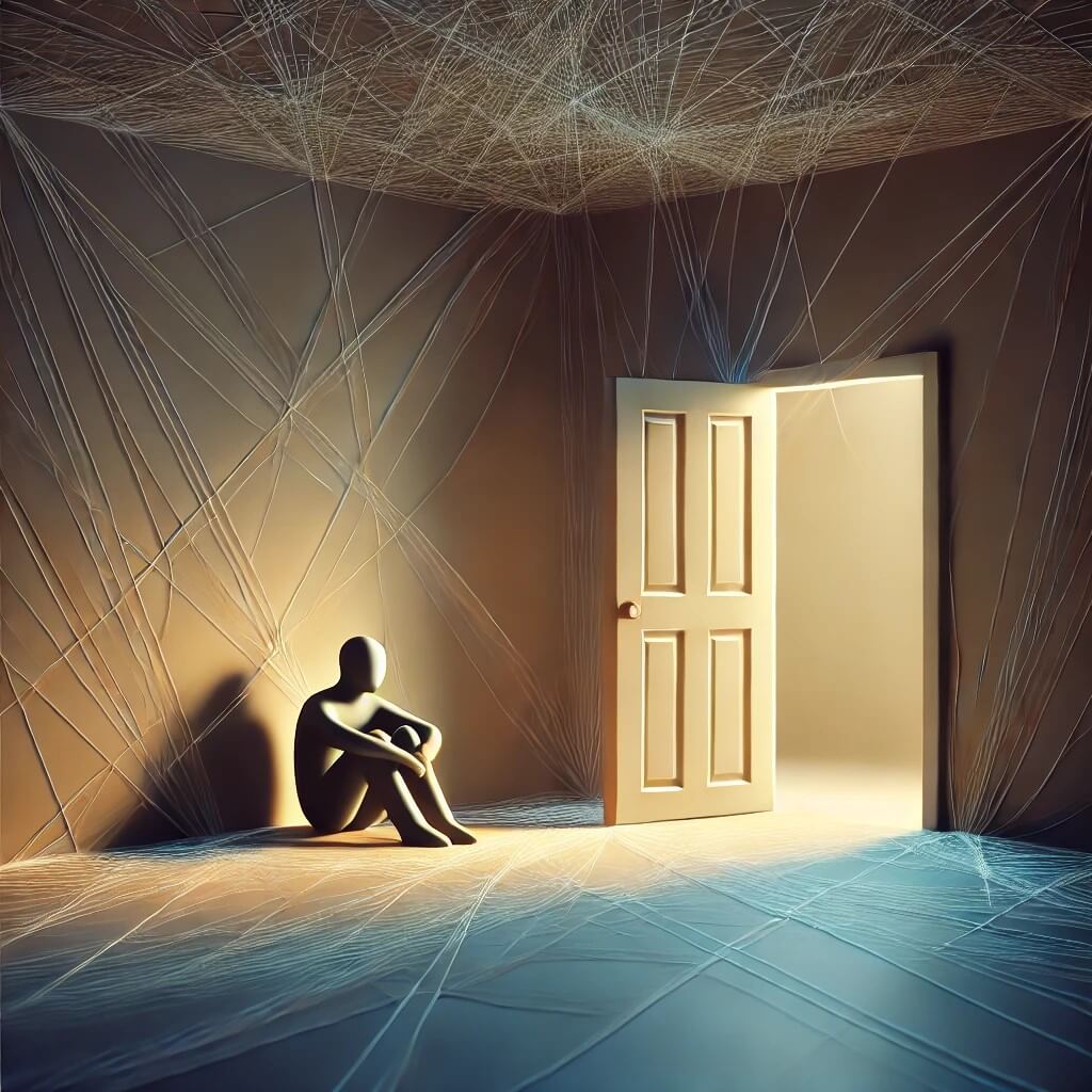 절망과 고립을 상징하는 어두운 방 바닥에 앉아 있는 사람의 묘사를 통해 보여주는 학습된 무기력