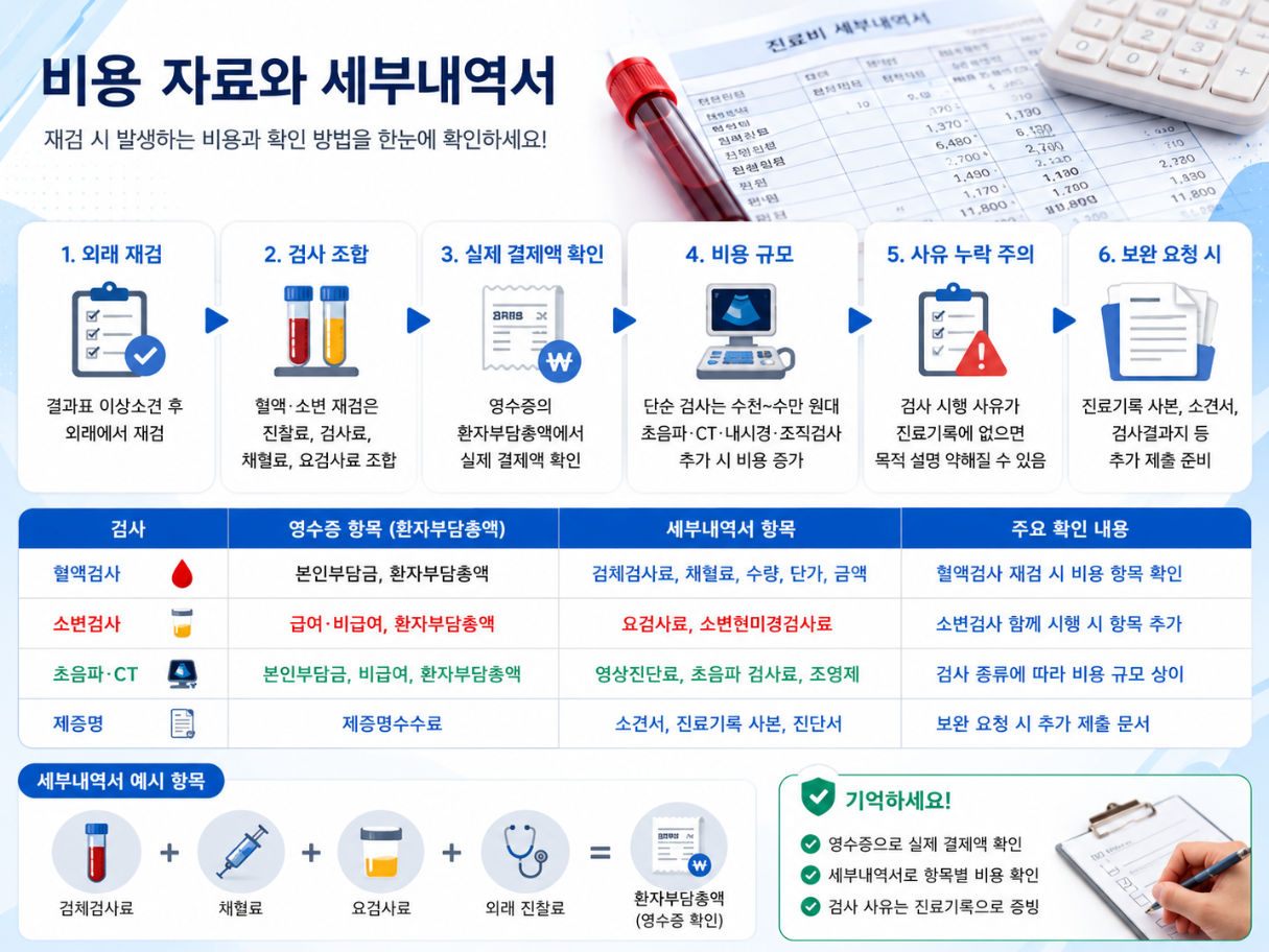 외래 재검 후 진료비 영수증과 세부내역서에서 검사료, 채혈료, 요검사료, 영상진단료를 확인하는 방법을 정리한 의료 인포그래픽