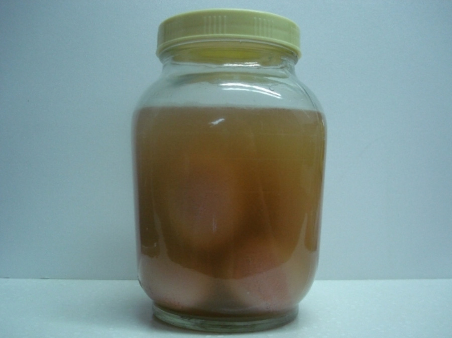 투명한 유리병에 식초와 계란을 가득 넣어두고 뚜껑을 잘 닫은 후에 몇일 동안 숙성을 시키고 있는 계란식초를 찍은 사진