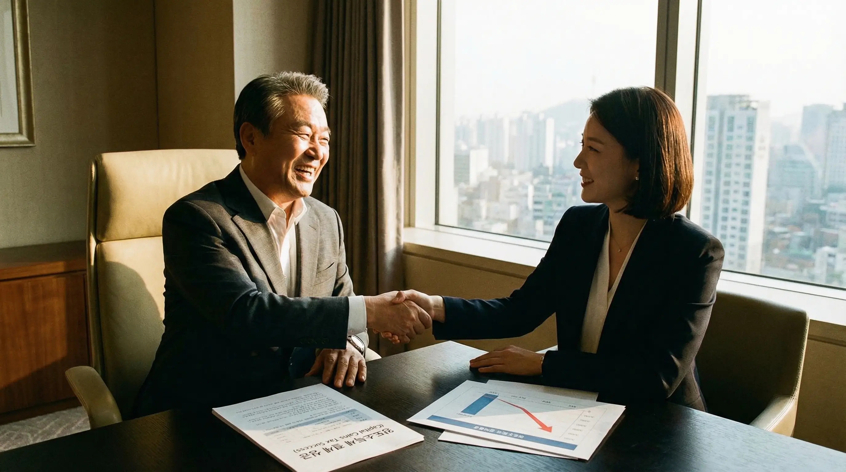 전문 세무사와 상담하여 양도소득세를 획기적으로 줄이고 만족해하는 자산가의 모습
