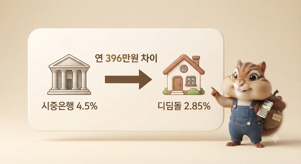 시중은행과 디딤돌대출 금리 차이에 따른 이자 절감액을 비교한 이미지