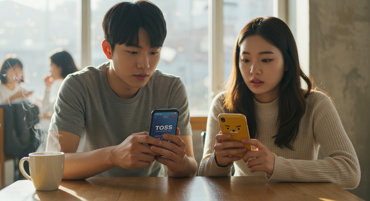 커피숍 테이블에 앉아 토스와 카카오증권 앱을 비교하는 젊은 성인들