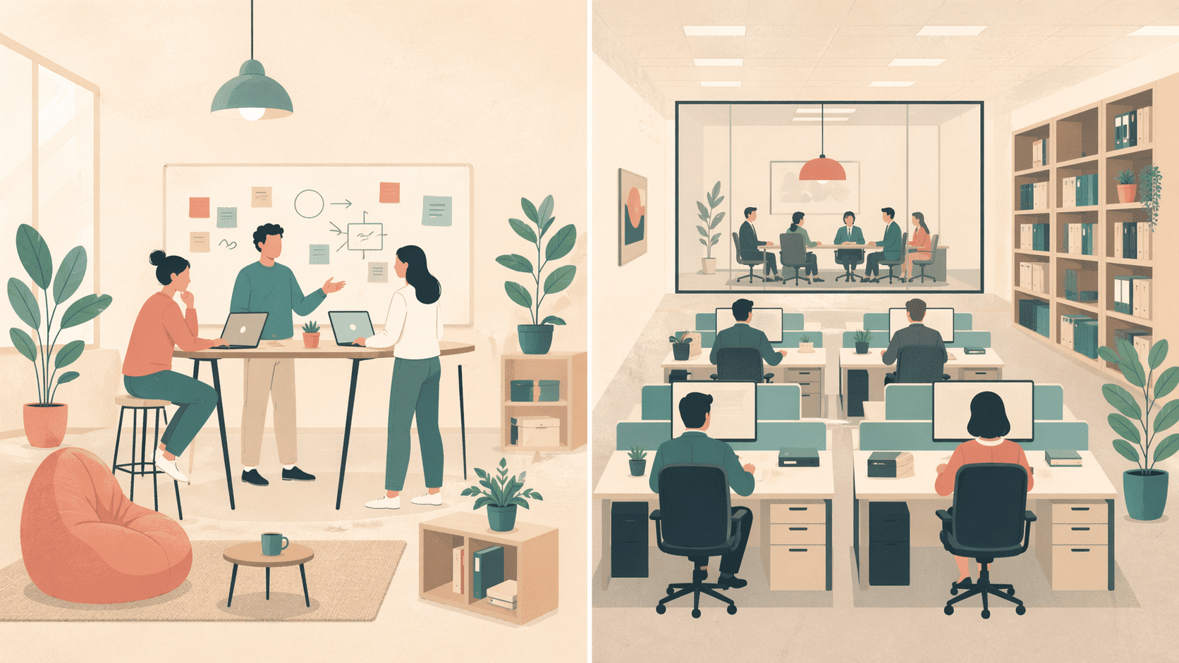 스타트업과 대기업의 업무 환경과 변화 속도 차이를 비교한 직장인 커리어 선택 일러스트