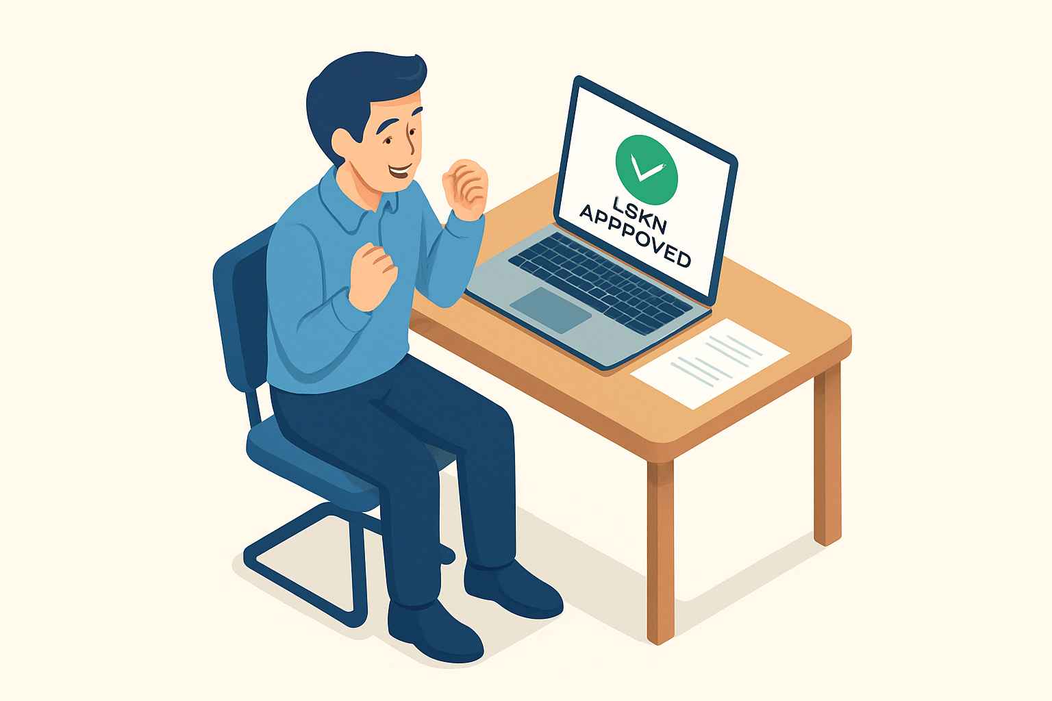 대출 승인에 기뻐하는 남성, 노트북 앞에서 두 손을 들어 웃는 모습의 아이소메트릭 일러스트