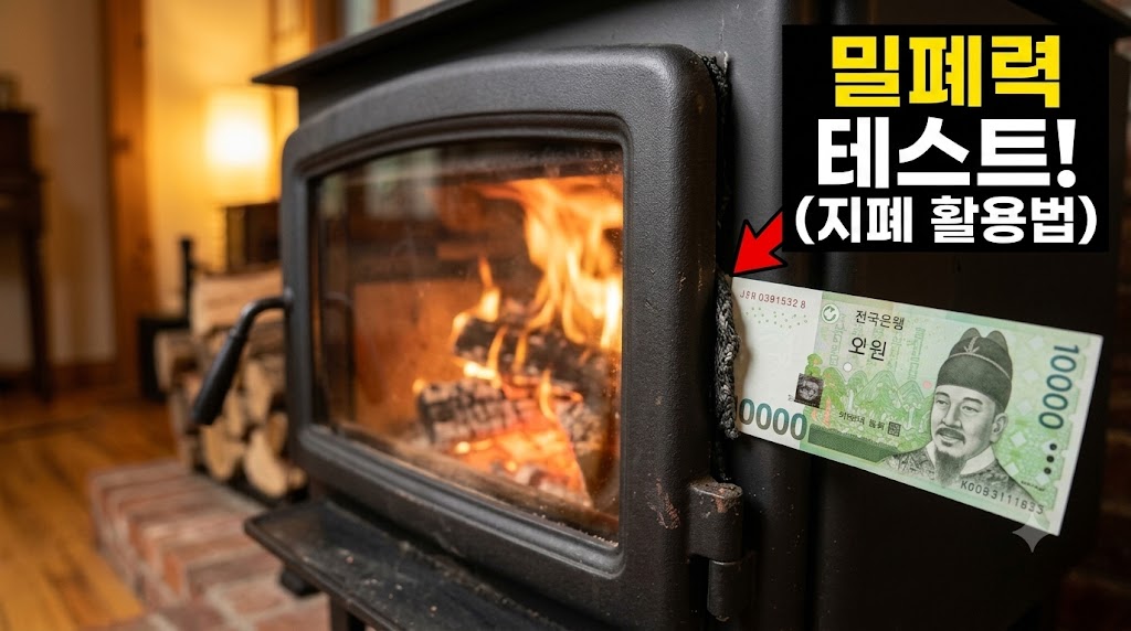화목난로 문 틈 사이에 지폐를 끼워 밀폐력을 점검하는 모습
