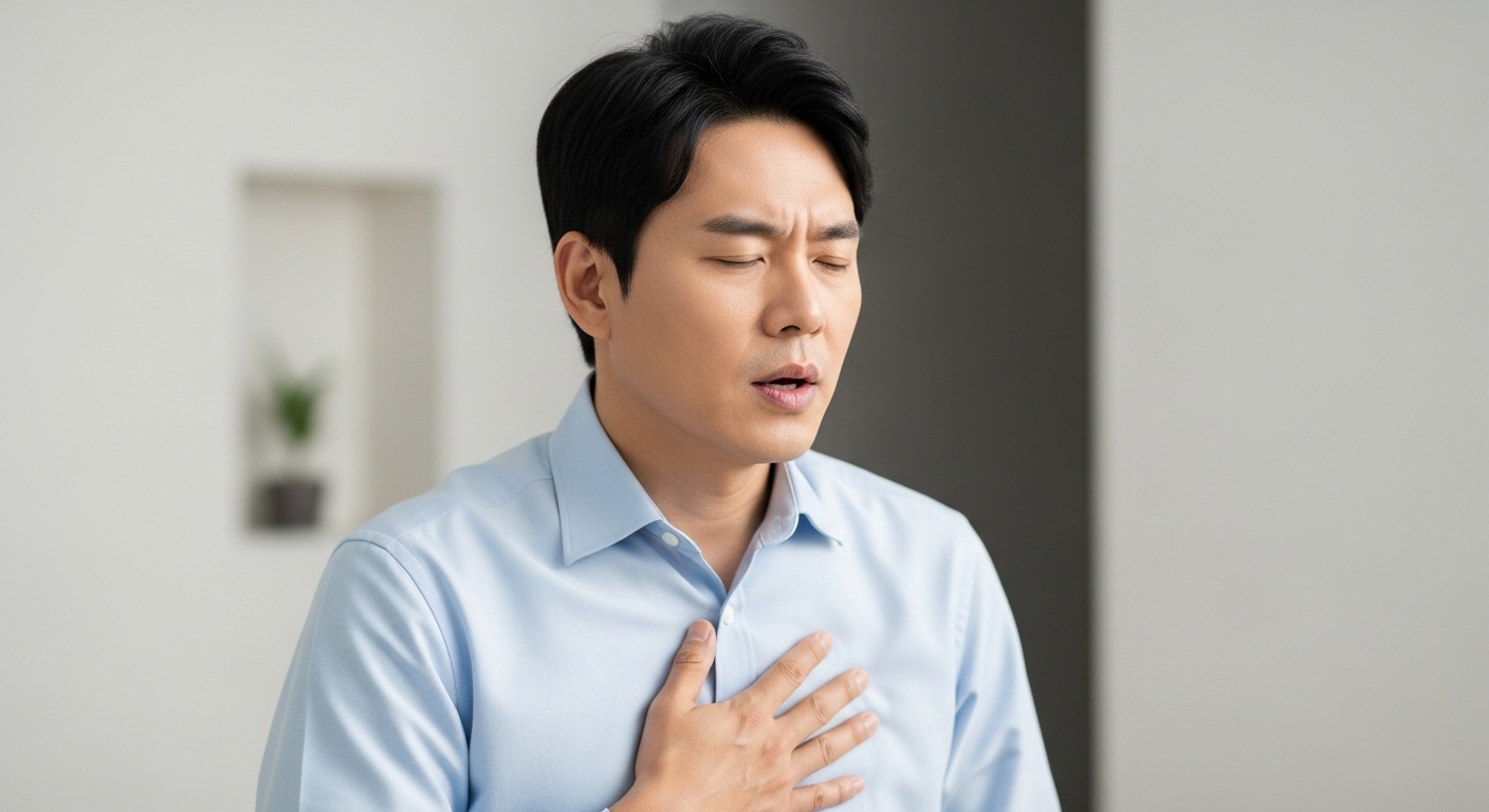 가슴을 누르며 호흡을 고르는 남성