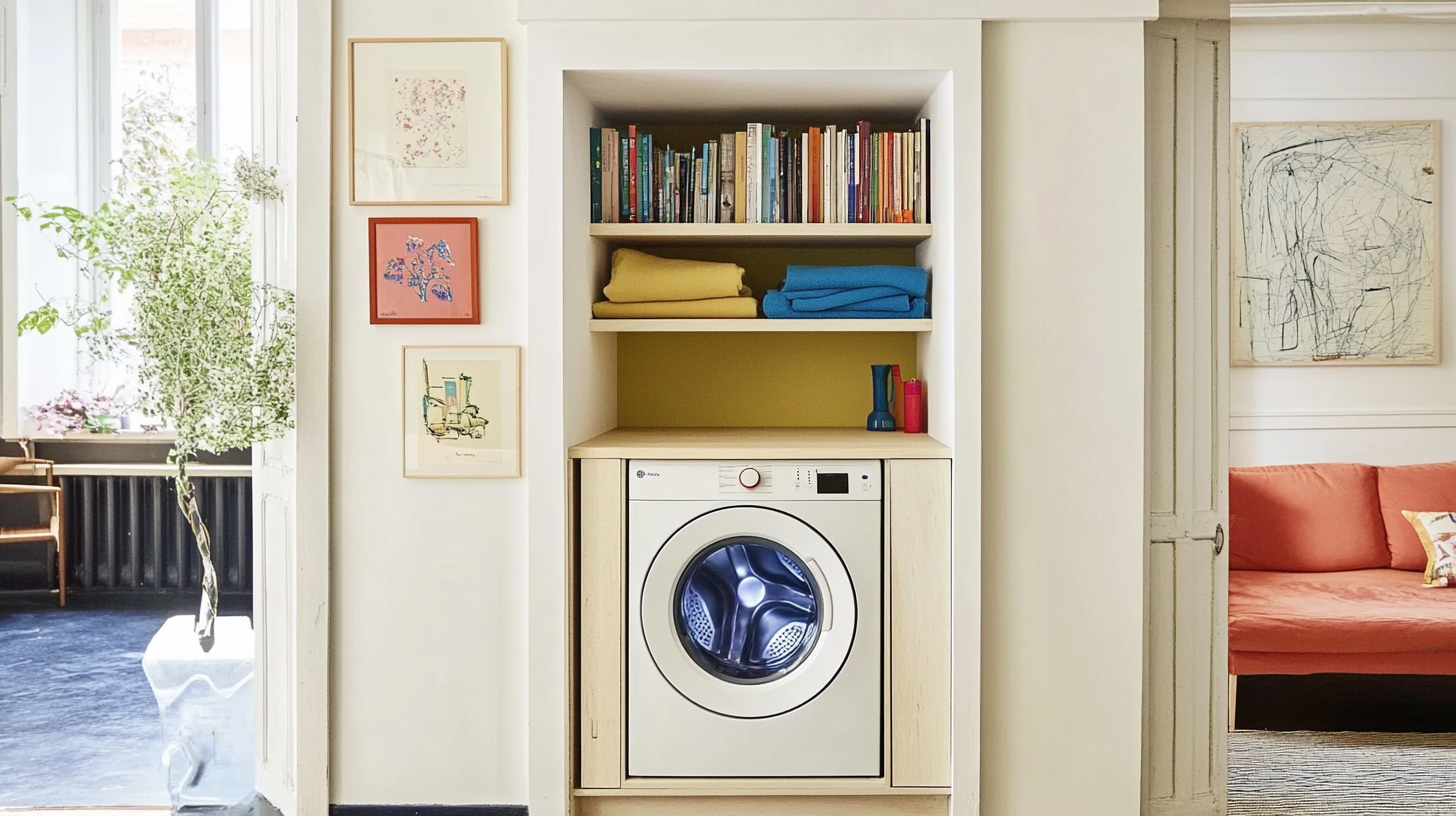 작은 아파트 내에 우아하게 디자인된 세탁실. 올인원 세탁기가 잘 통합되어 있으며, 세련된 인테리어가 아늑하고 편안한 분위기를 자아냅니다.