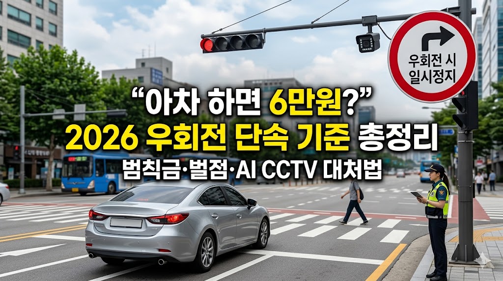 "2026년 우회전 일시정지 단속 기준 안내 썸네일. 도심 교차로에서 은색 승용차가 횡단보도 정지선 앞에 멈춰 있으며, 우측에는 경찰관이 단속 중인 모습. 상단에는 '아차 하면 6만원? 2026 우회전 단속 기준 총정리'라는 문구와 우회전 금지 및 일시정지 표지판, AI 단속 카메라가 포함된 실사 스타일 이미지."