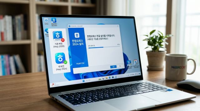 Windows PC에서 한컴오피스 설치 프로그램을 실행한 화면과 기존 한컴오피스가 함께 표시된 모습