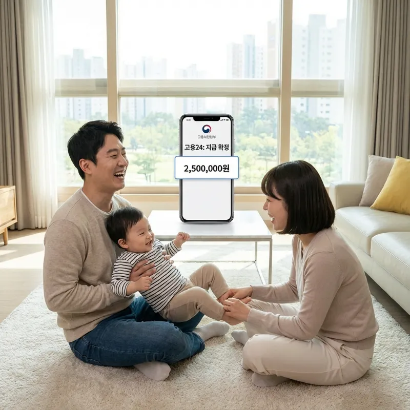 2026년 인상된 육아휴직급여를 확인하며 행복해하는 부모의 모습