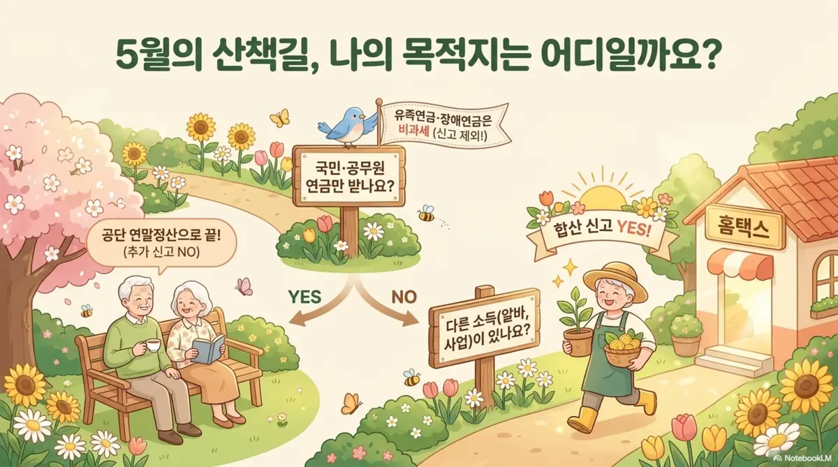 연금소득 종합소득세: 연금소득자의 종합소득세 신고 의무를 판단하는 플로차트 이미지. 공적연금만 받으면 공단 연말정산으로 끝나고 근로소득이나 사업소득이 함께 있으면 홈택스에서 합산 신고해야 한다는 흐름을 보여주며 유족연금과 장애연금은 비과세로 신고에서 제외된다는 점도 안내함 