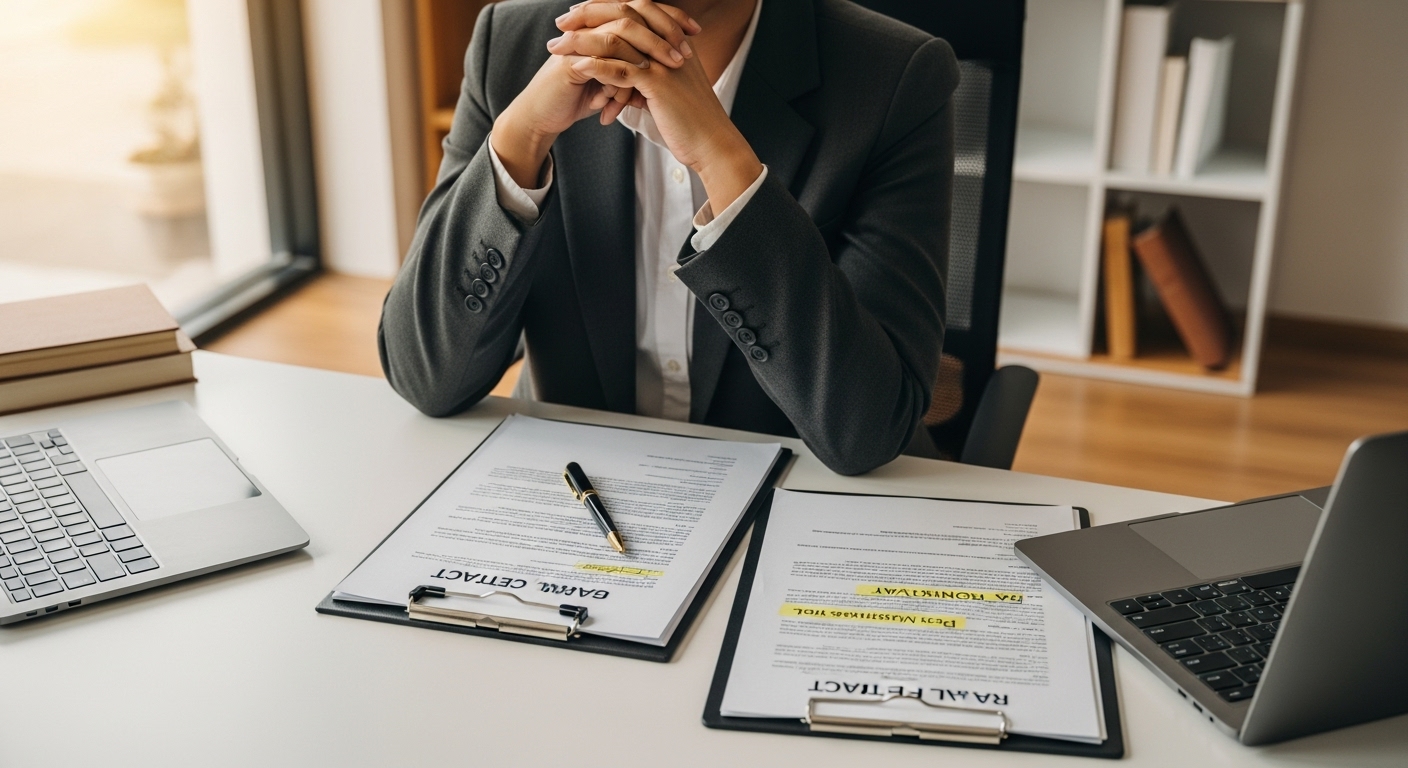 복잡한 부동산 매매 계약서를 직접 작성하며 신중하게 검토하는 모습