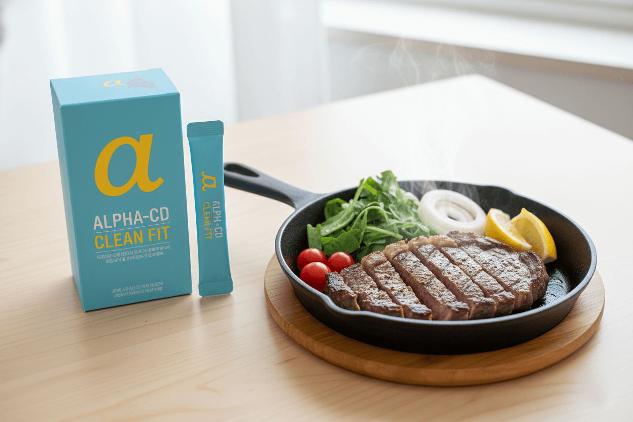 파란 박스와 블루 스틱 포장이 함께 보이는 에버 알파CD 클린 핏 제로슈가 알파시클로덱스트린 식이섬유 스틱 제품 이미지