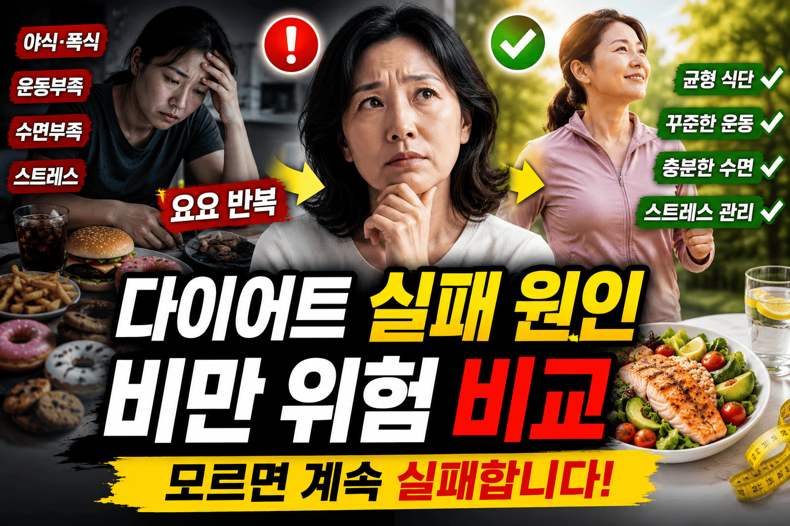 다이어트 실패 원인과 비만 위험 비교 (비만원인, 체중관리, 건강문제)