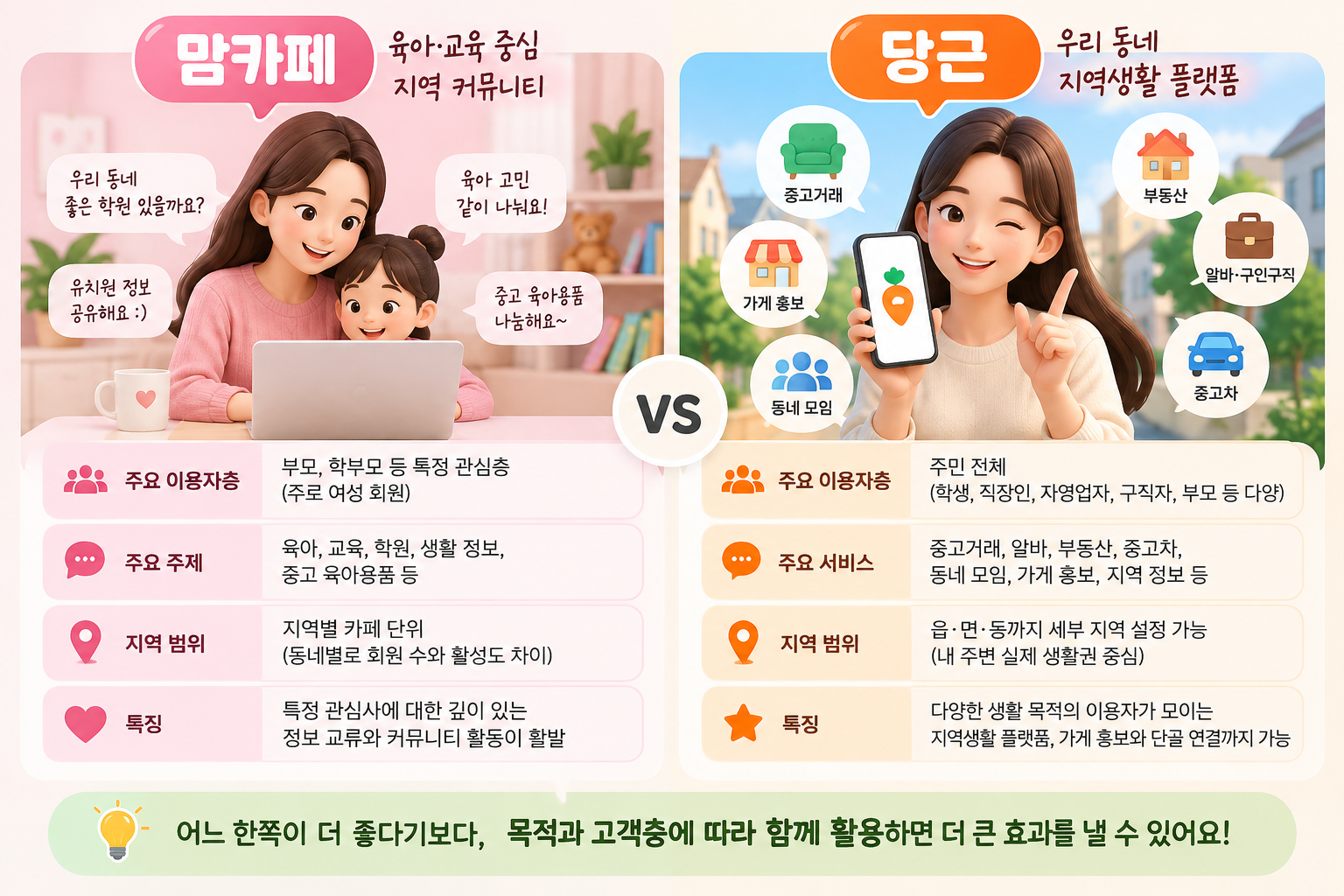 맘카페와 당근의 주요 이용자층과 활용 분야를 비교한 AI 이미지