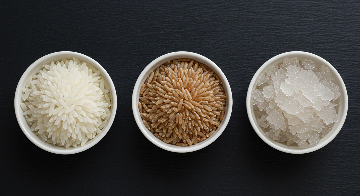 흰쌀, 현미쌀, 곤약쌀을 세 개의 그릇에 담아 질감을 비교해서 보여주는 이미지