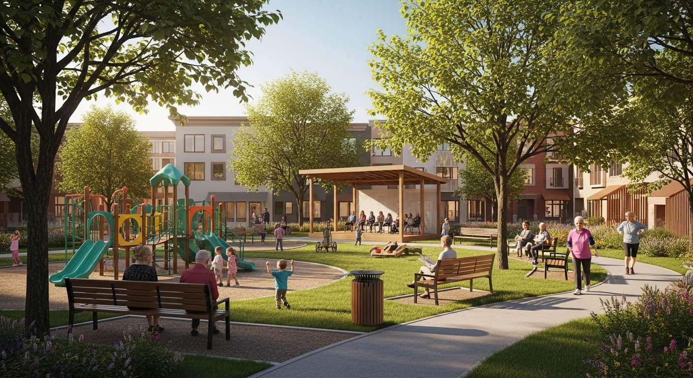 쾌적하게 정비된 도심 공원에서 주민들이 여유롭게 휴식을 취하고 활동하는 모습. * ai 생성