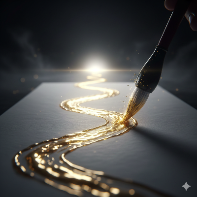 붓끝에서 검은 먹물 대신 **황금빛 빛(성공/미래)**이 뿜어져 나오는 판타지적이고 희망찬 이미지